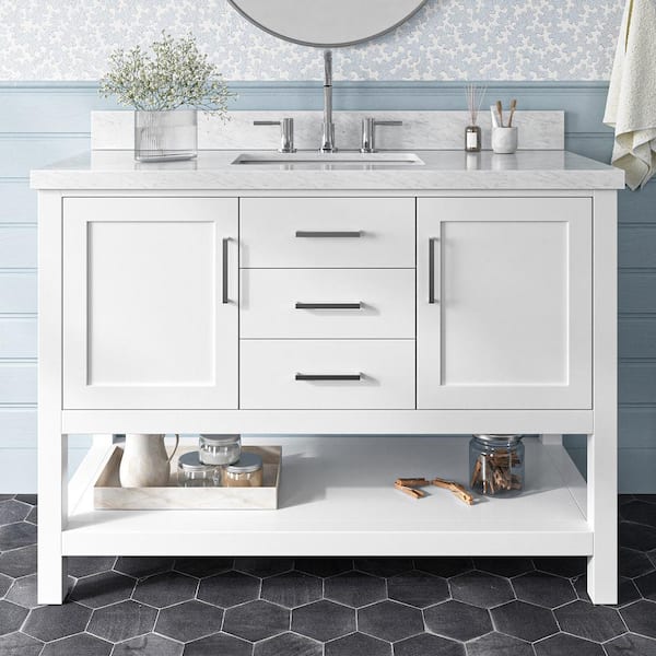 ARIEL Bayhill 49 in. W x 22 in. D x 36 in. H Bath Vanity in White with Carrara White Marble Top