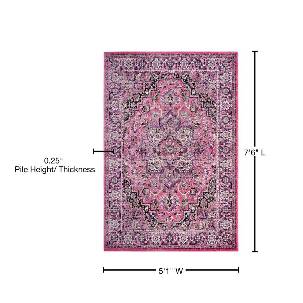 Ivory and Pink Floral Hand-Knotted Round Synthetic Rug