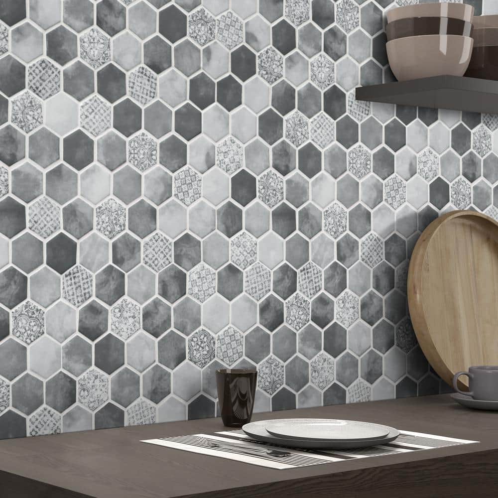 Gray Hexagon Recycled Glass Mosaic Wall and Floor Tile