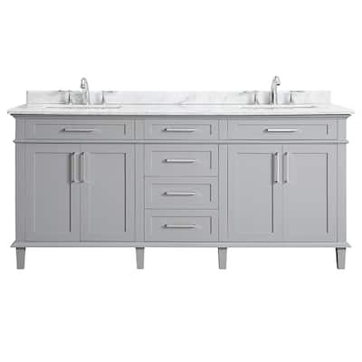 Sonoma 72 in. W x 22 in. D Bath Vanity in Pebble Gray with Carrara Marble Top with White Sinks