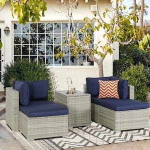 3 Pieces Outdoor Rattan Sectional Sofa Patio Wicker Furniture Sets with Coffee Table and Blue Cushions