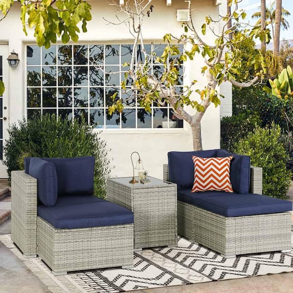 MIRAFIT 3 Pieces Outdoor Rattan Sectional Sofa Patio Wicker Furniture Sets with Coffee Table and Blue Cushions