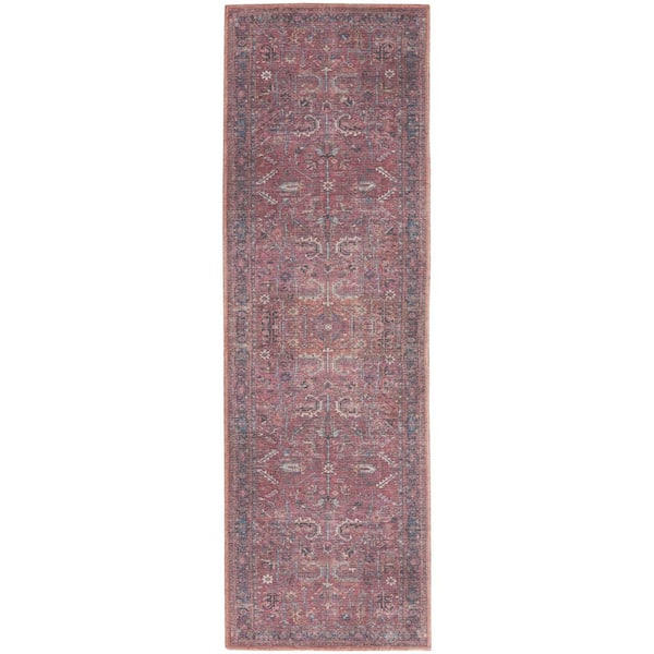 HomeRoots Blue and Red 2 ft. x 10 ft. Floral Power Loom Distressed Washable Runner Rug