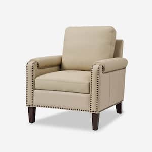 Leander Beige Genuine Leather Armchair with Removable Cushionand Nailhead Trims