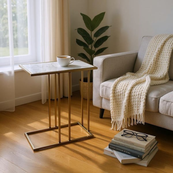 12.75 in. Antiqued Gold Rectangular Marble End Table