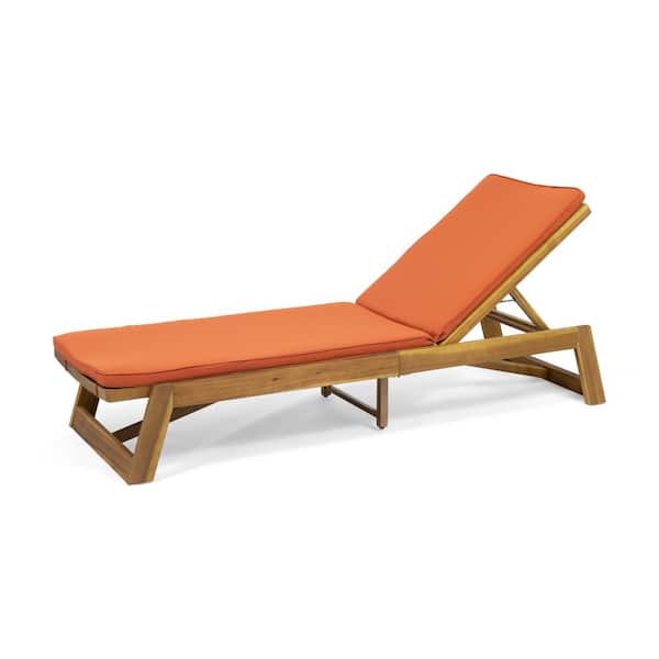 Maki Teak Brown 1-Piece Wood Outdoor Patio Chaise Lounge with Rust Orange Cushions