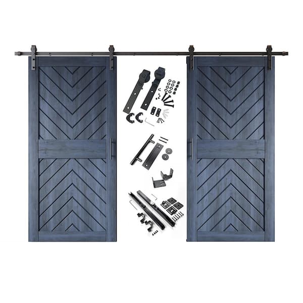 JT4 36 in. x 84 in. C-Panel Navy Fishbone Design Double Pine Wood Sliding Barn Door with Hardware Kit