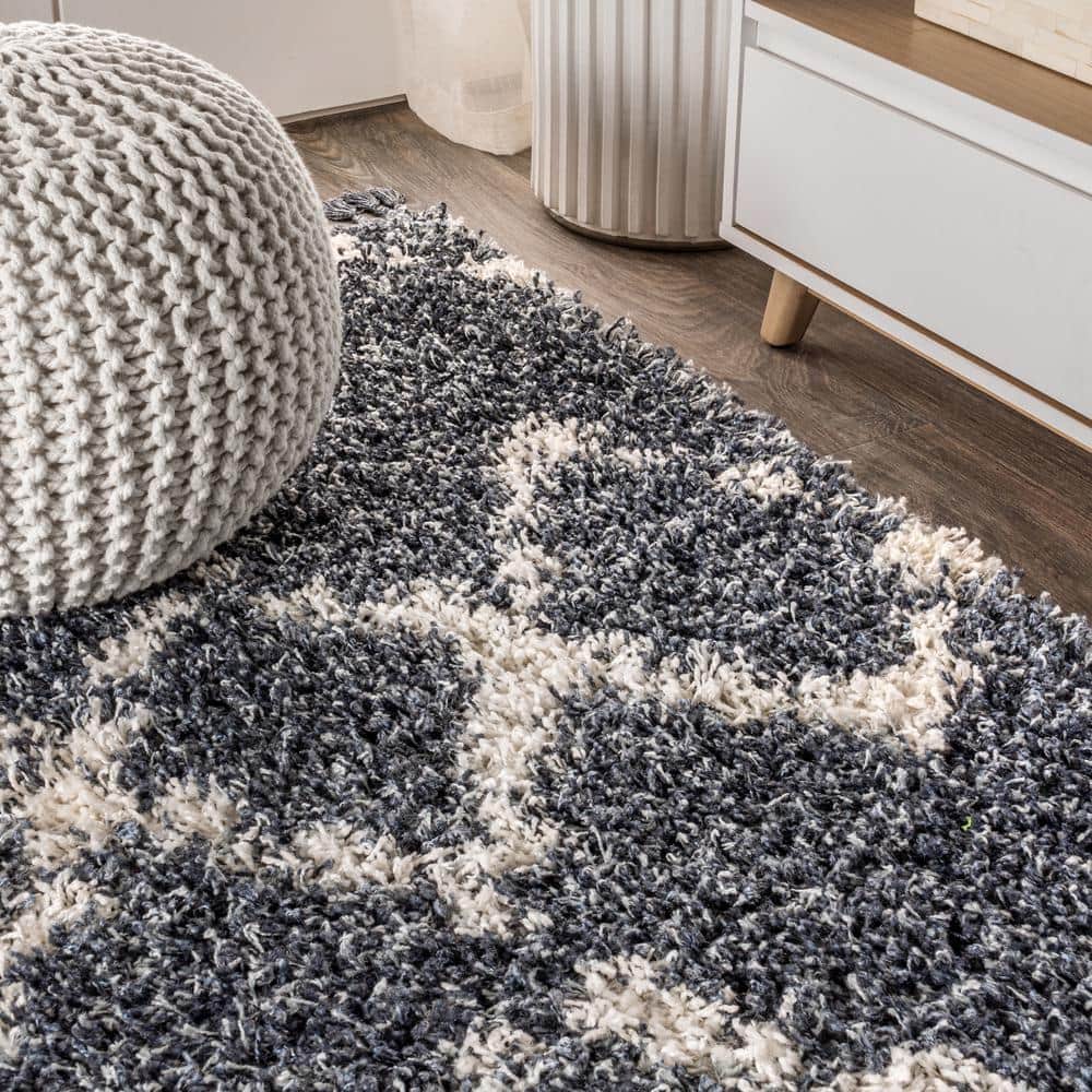 Blue/Cream Moroccan Tribal Geometric Trellis Synthetic Shag Rug