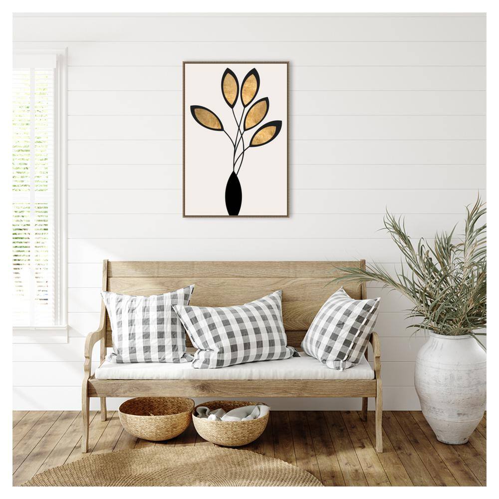 23"x33" Black and Gold Abstract Floral Canvas with Bronze Frame