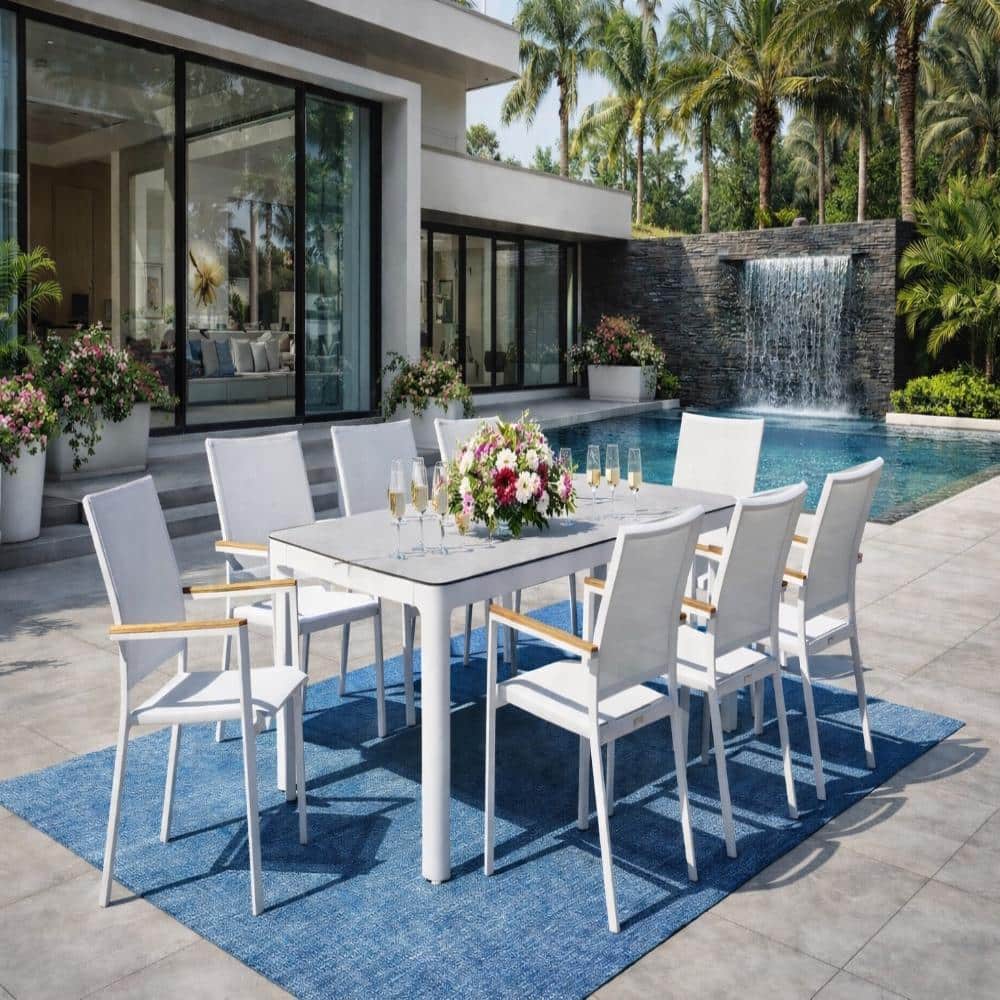 Como 9-Piece White Aluminum Outdoor Dining Set with Stackable Chairs, 39.5 in. x 87 in. Light Grey Ceramic Top Table price history on PriceWatchPro