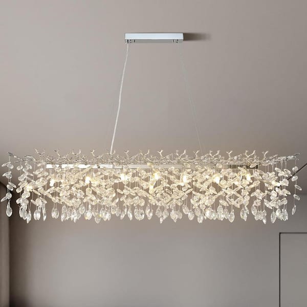 YUYI Modern Chandelier 60 in.16-Lights Silver Luxury Crystal Linear Chandelier for Dinning Room, Kitchen Island, Foyer
