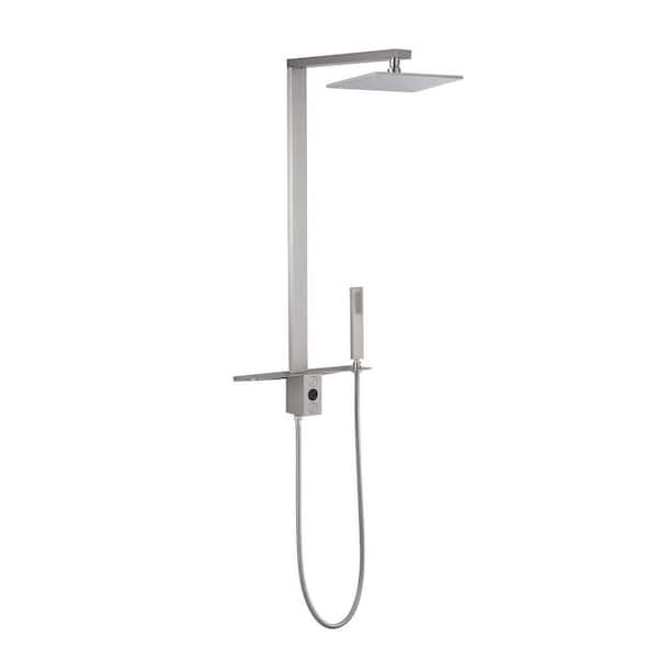 1-spray 11 in. Temperature Display Shower Head and Handheld Shower Head Exposed Pipe Shower Head Set in Brushed Nickel