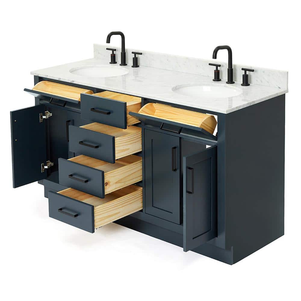 Midnight Blue 61" Freestanding Double Basin Vanity with Marble Top