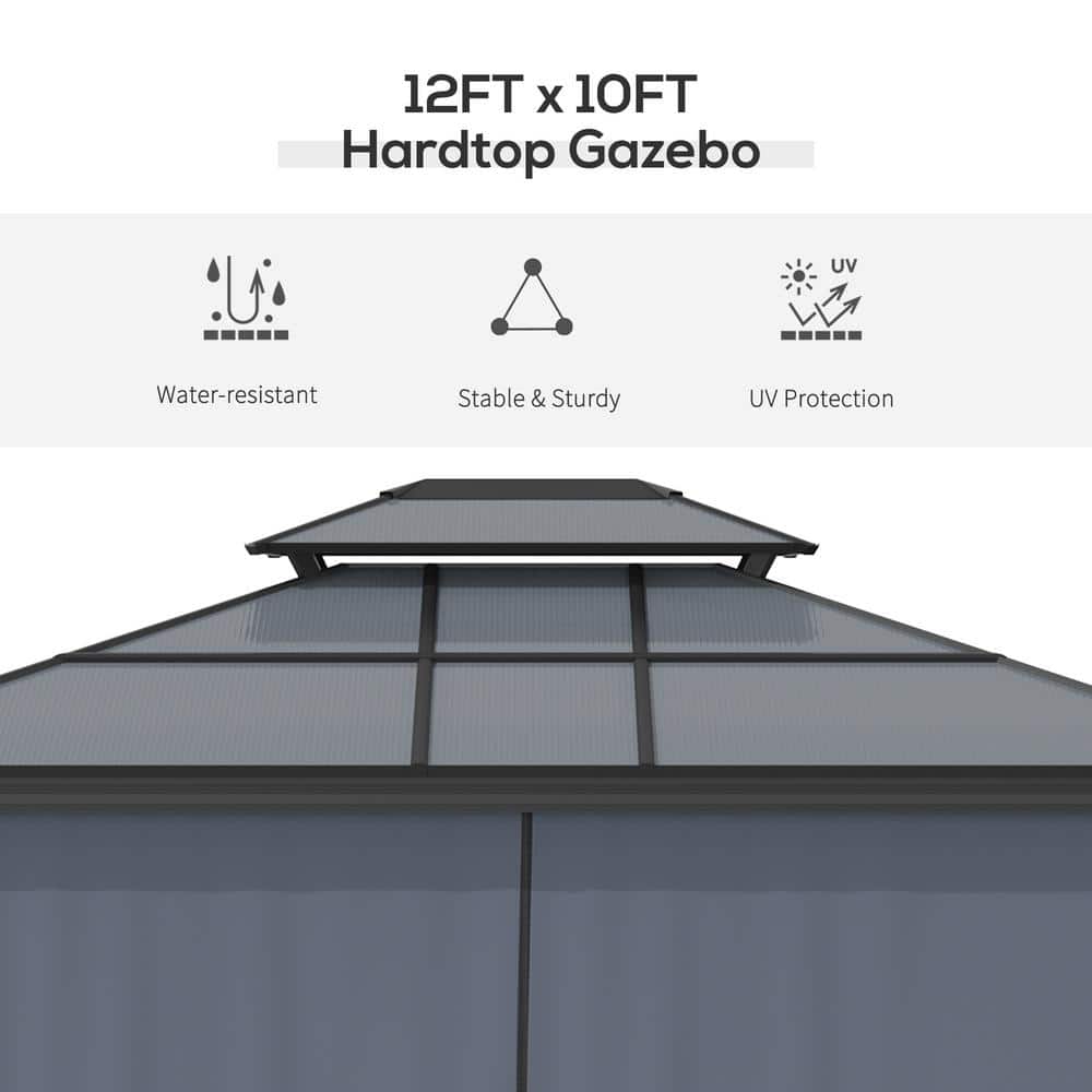 Black Aluminum Frame Hardtop Gazebo with Polycarbonate Canopy and Curtains