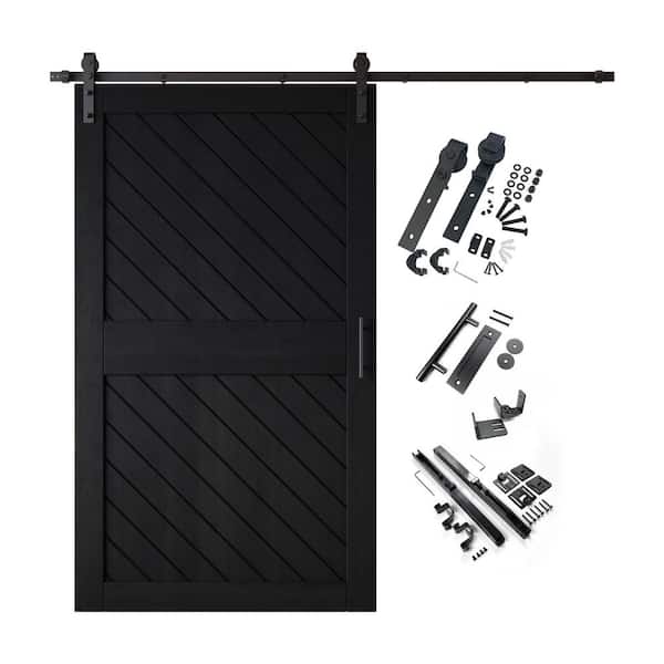 HOMACER XT2 50 in. x 84 in. C-Panel Black Slanted Stripe Design Solid Pine Wood Sliding Barn Door with Hardware Kit