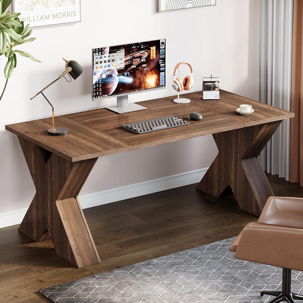 BYBLIGHT Lanita 63 in. Rectangular Brown Engineered Wood Computer Desk ...