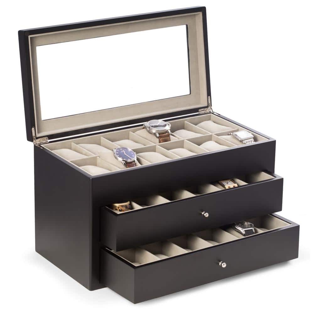 BEY-BERK Matte Black Wood 36-Watch Box with Glass Top and 2-Drawers ...