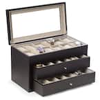 Matte Black Wood 36-Watch Box with Glass Top and 2-Drawers Velour Lining and Pillows
