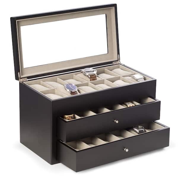 BEY-BERK Matte Black Wood 36-Watch Box with Glass Top and 2-Drawers Velour Lining and Pillows