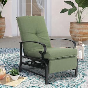 Adjustable Black Metal Outdoor Recliner with Green Cushions