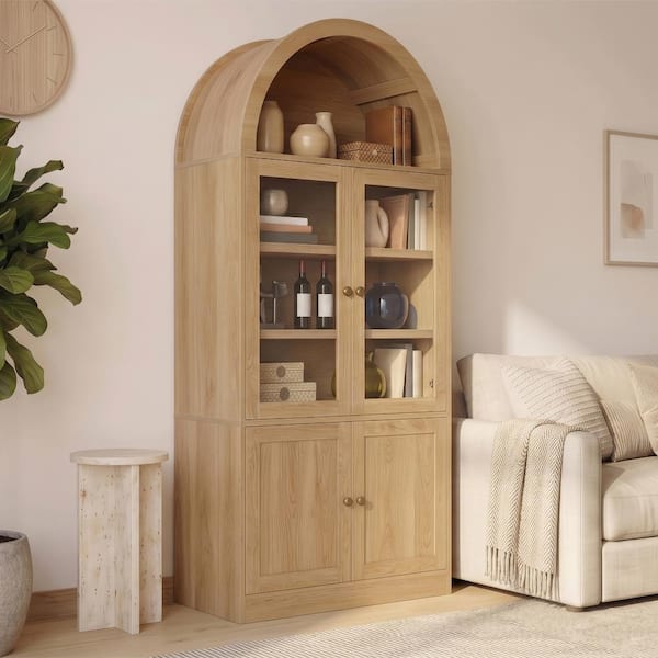 Freestanding 71.28 " Tall Natural Arched Kitchen Pantry with Tempered Glass Doors, 5-Tier Shelves, Soft Close Hinges