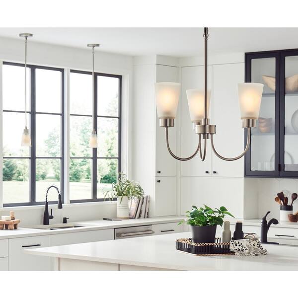 KICHLER Erma 18 in. 3-Light Brushed Nickel Traditional Shaded Circle Dining Room Chandelier with Satin Etched Glass Shades