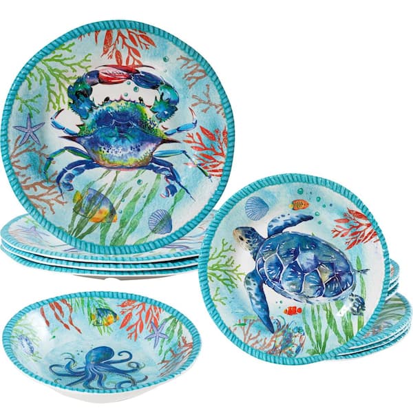 Coastal Ocean Theme Dinnerware Set 12 Piece Melamine Plates and Bowls Lightweight Unbreakable