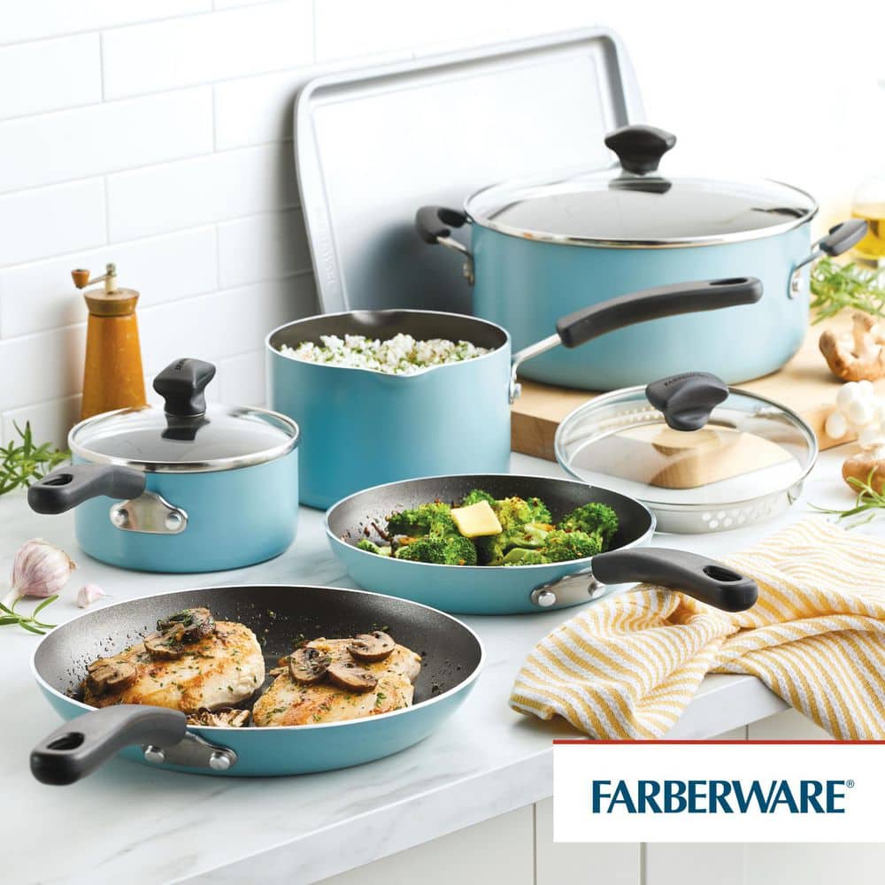 Aqua Aluminum Nonstick 15-Piece Cookware Set with Kitchen Tools