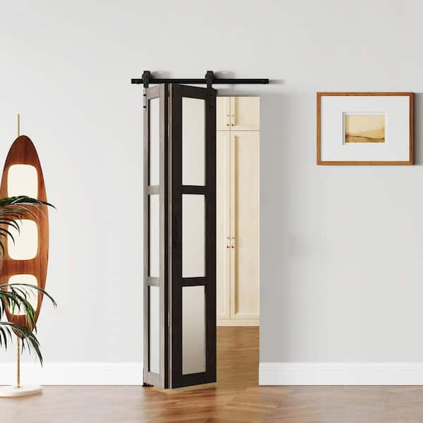 24 in. x 84 in. Dark Brown Finished MDF Bi-Fold Style 3-Lite Frosted Glass Assembly Required Barn Door with Hardware Kit