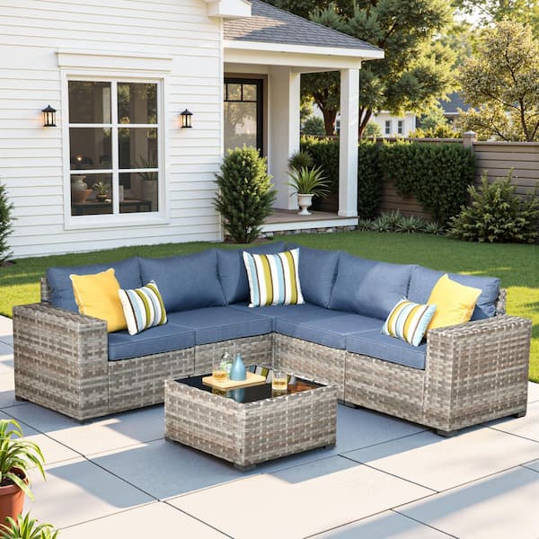 Ruby 6-Piece Wicker Outdoor Patio Sectional Furniture Set with a Table and Denim Blue Cushions