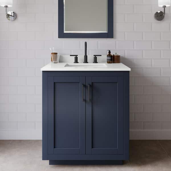 Wyndham Collection Miranda 30 in. W x 22 in. D x 33.75 in. H Single Bath Vanity in Dark Blue with White Quartz Top and 24 in. Mirror