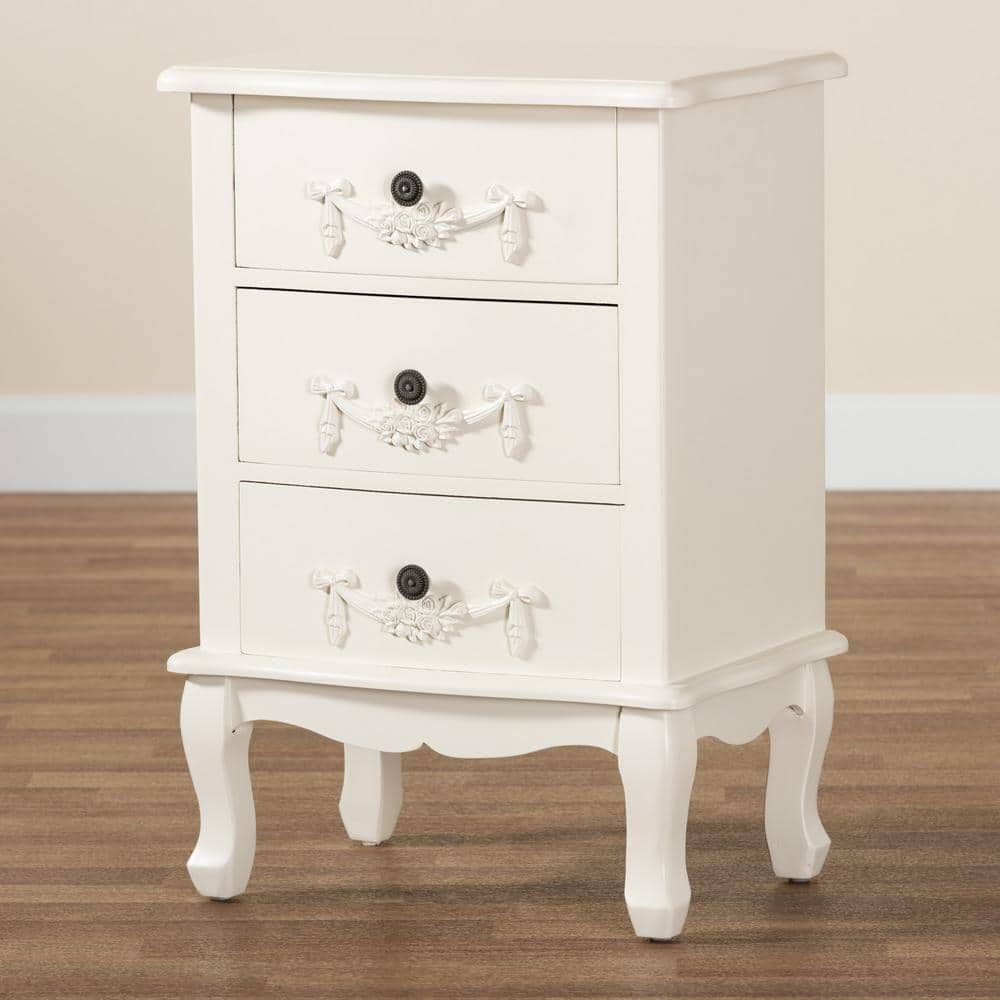 Callen Traditional White 3-Drawer Wood Nightstand with Floral Moldings