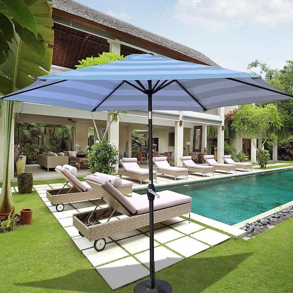 9 ft. Patio Market Umbrella Outdoor Waterproof Umbrella with Crank and Push Button Tilt in Ice Blue Striped