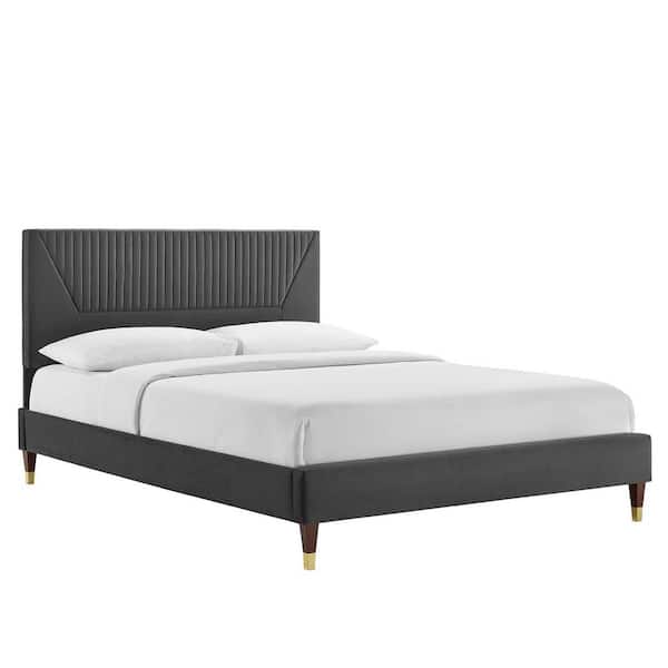 MODWAY Yasmine Charcoal Black Channel Tufted Performance Velvet Frame King Platform Bed