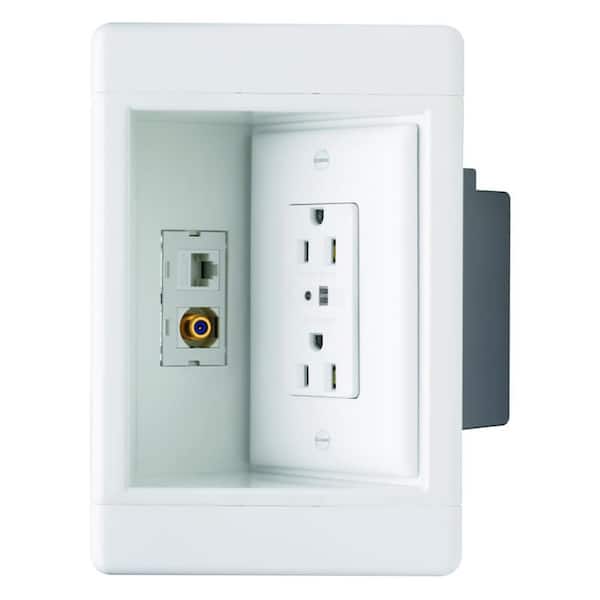 1-Gang Recessed In-Wall TV Box with Surge Protection and Low Voltage Kit, White