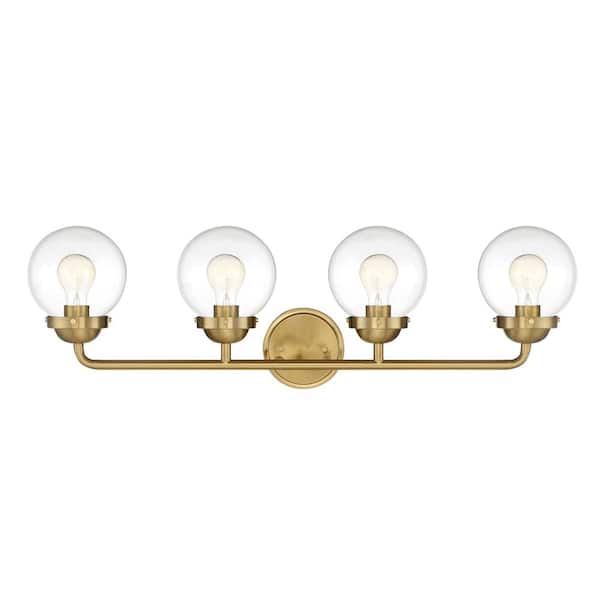 Knoll 33 in. 4-Light Brushed Gold Retro Vanity Light with Clear Glass Shades