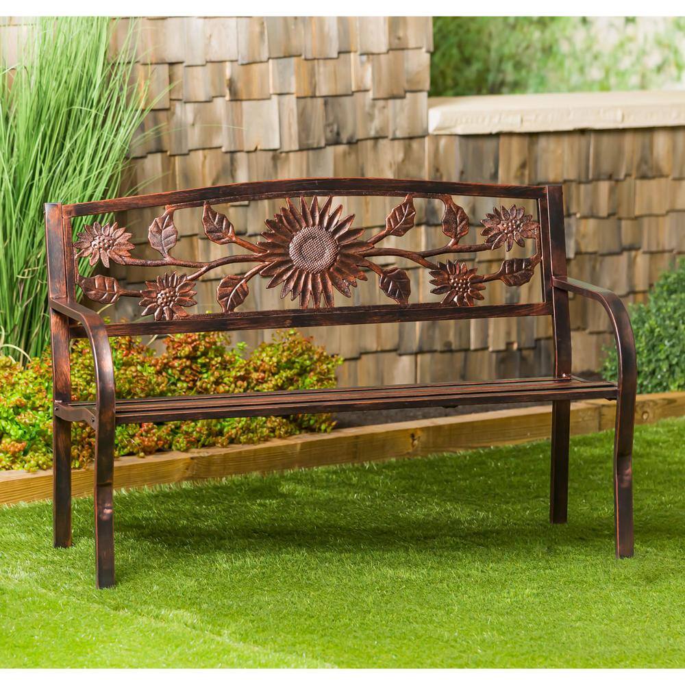 Bronze 50.5" Cast-Iron and Steel Sunflower Garden Bench