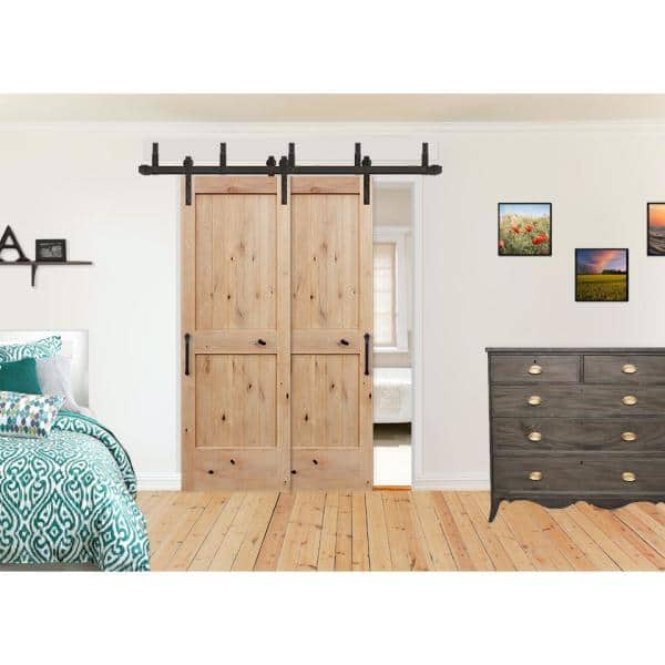 48 in. x 80 in. Rustic Bypass Unf 2-PNL V-Groove Solid Core Knotty Alder Wood Sliding Barn Door with Bronze Hardware Kit