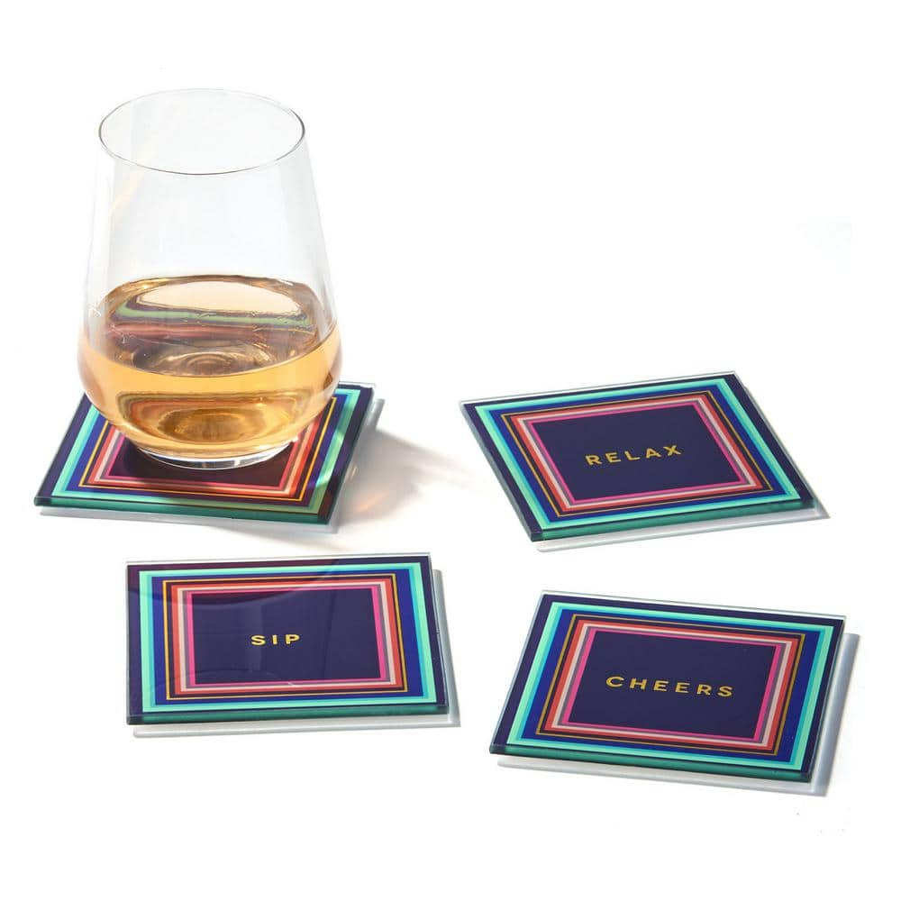 Trina Turk Cheers To You Aqua Set Of 4 Glass Coaster Set 4"D