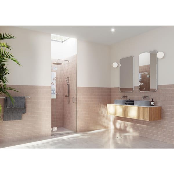 Halo 33.75 in. W x 78 in. H Glass Hinged Frameless Shower Door in Brushed Nickel with Clear Glass