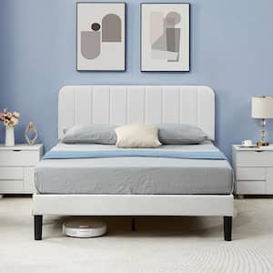 Upholstered Bed, White Wood Frame Full Platform Bed with Adjustable Headboard, Strong Wooden Slats Support Bed Frame