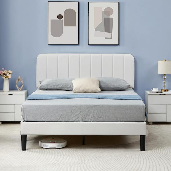 VECELO Upholstered Bed, White Wood Frame Full Platform Bed with Adjustable Headboard, Strong Wooden Slats Support Bed Frame