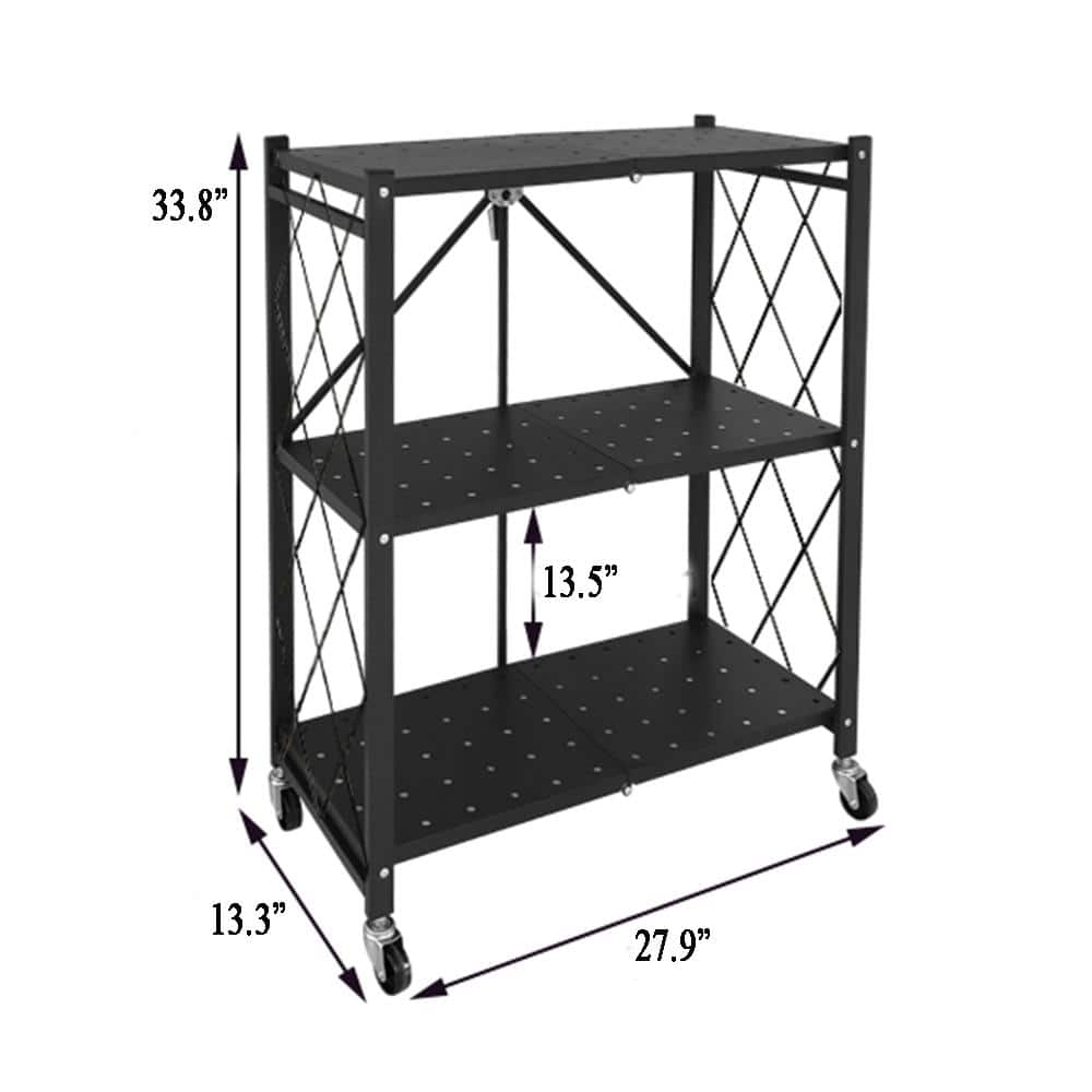 Amucolo Black Heavy Duty 3-Tier Foldable Metal Rack Storage Shelving Unit with Wheels(27.5 in. W x 31 in. H x 13.5 in. D)