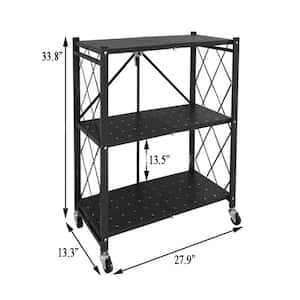 CozyBlock 27.9 in. x 13.3 in. x 33.8 in. 3-Tier Foldable Storage Shelves with Wheels, Black Metal Wire Rack