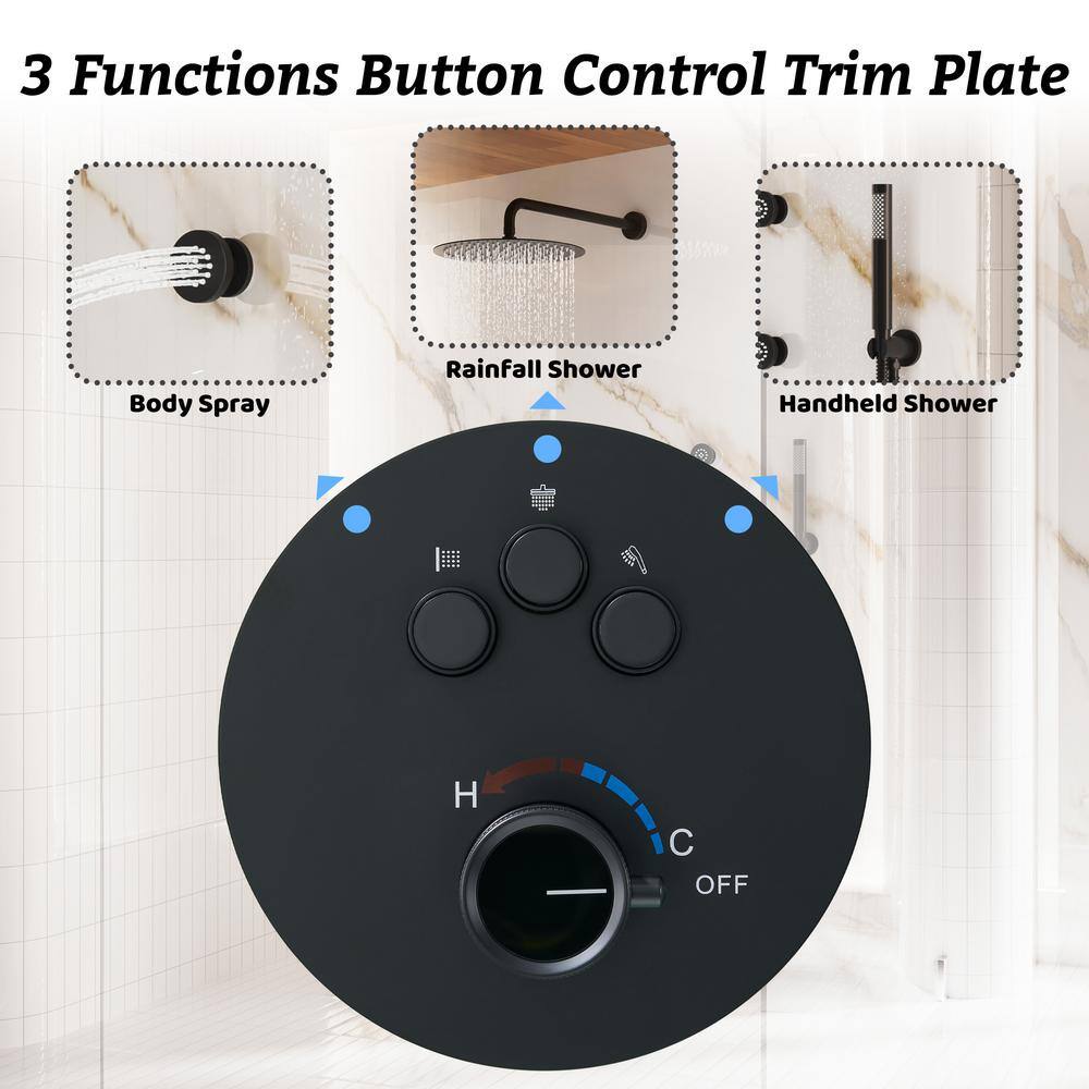 Large Matte Black Dual Rainfall Shower System with 6 Body Jets