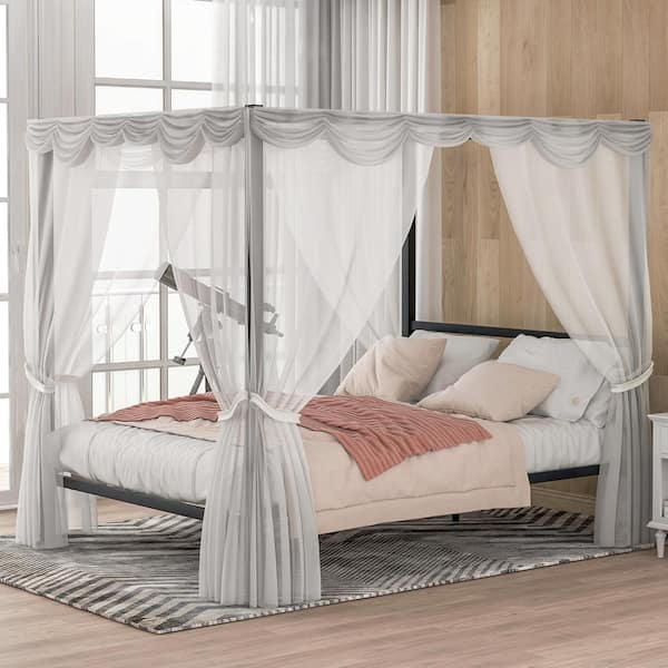 63 in. W Black Queen Metal Framed Canopy Bed with Built in Headboard  SFramed2022-1 - The Home Depot