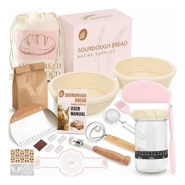 Sourdough Starter Kit, Pink Baking Supplies Set with 2 Proofing Baskets, Tools, 10 Bread Bags, Linen Liner