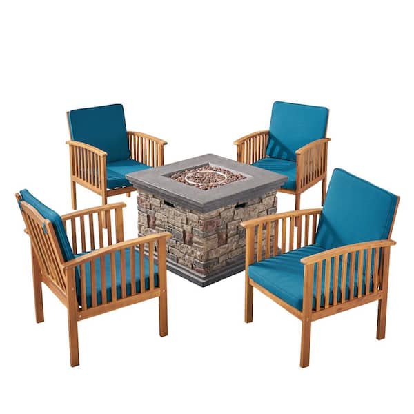 Carolina Brown Patina 5-Piece Wood Patio Fire Pit Conversation Set with Dark Teal Cushions