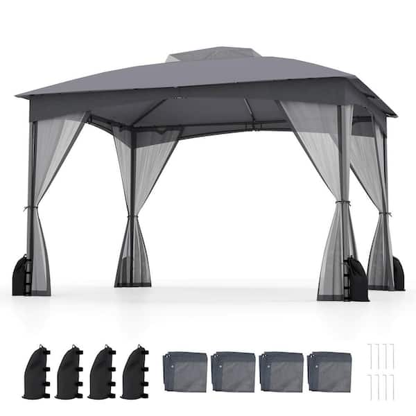 10 ft. x 12 ft. 2-Tier Grey Patio Gazebo Canopy Netting Heavy-Duty Metal Easy-Setup Outdoor