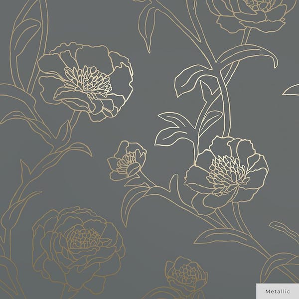 Noir and Metallic Gold Peonies Vinyl Peel and Stick Wallpaper Roll (Covers 56 Sq. ft.)